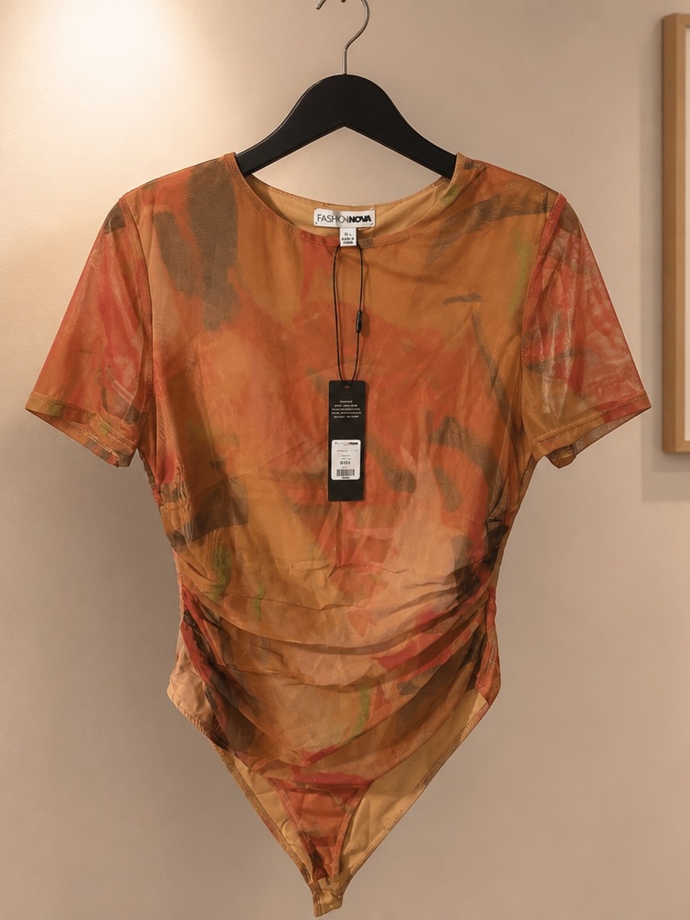 Fashion Nova Multicolor Orange Mesh Ruched Short-Sleeve Bodysuit